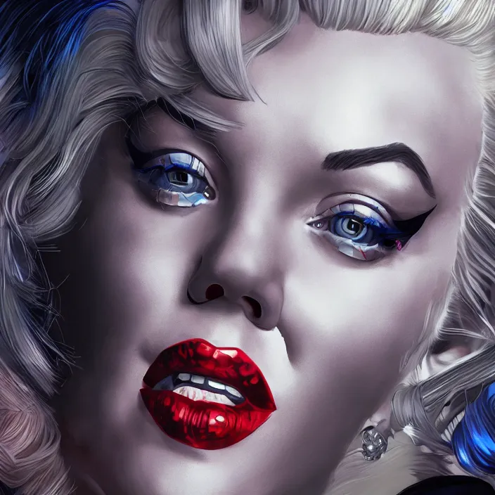 Image similar to portrait of Marilyn Monroe as a harley quinn. intricate abstract. intricate artwork. by Tooth Wu, wlop, beeple, dan mumford. octane render, trending on artstation, greg rutkowski very coherent symmetrical artwork. cinematic, hyper realism, high detail, octane render, 8k, iridescent accents