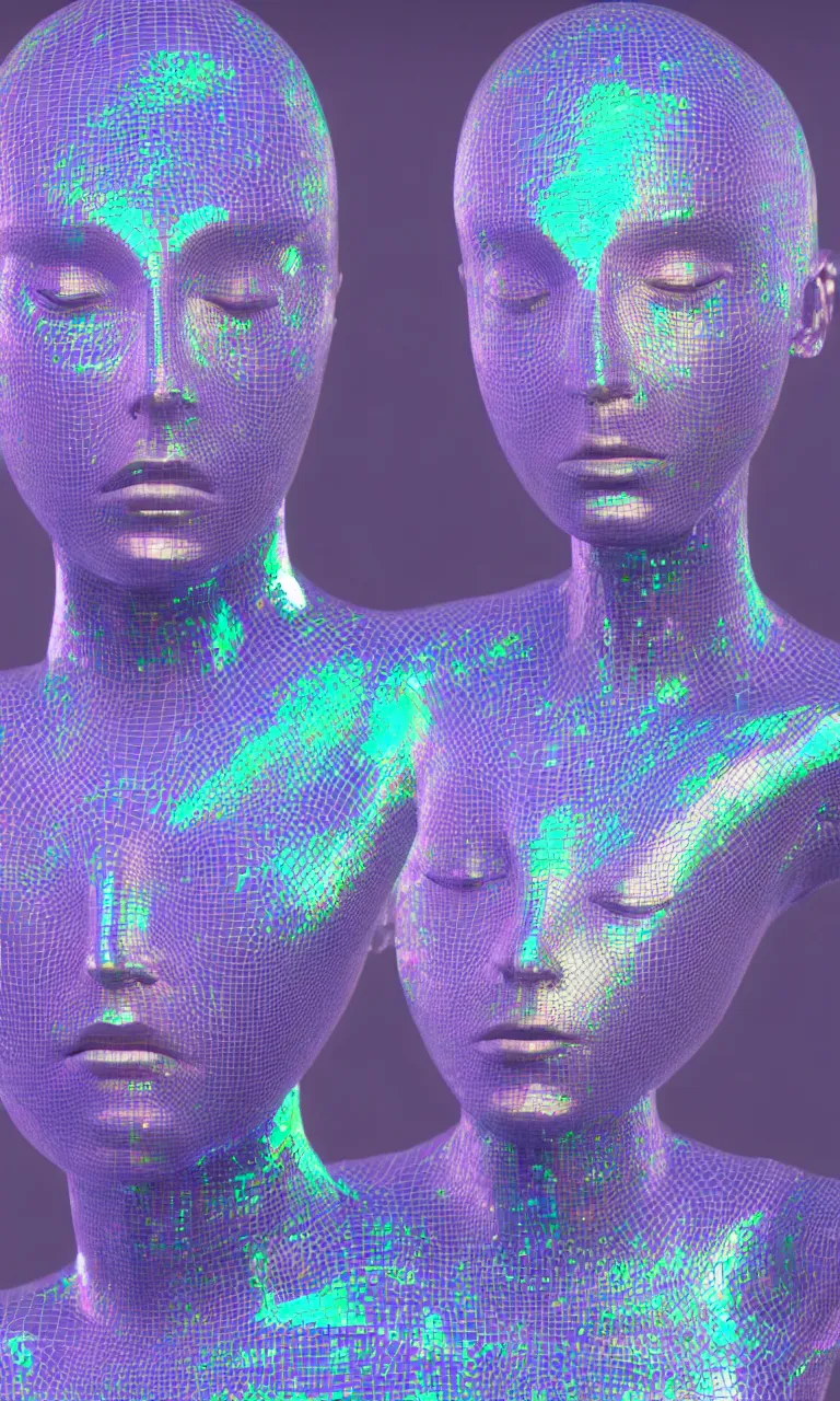 Prompt: 3d render of holographic human robotic made of glossy iridescent, surrealistic 3d illustration of a human face non-binary, non binary model, 3d model human, cryengine, made of holographic texture, holographic material, holographic rainbow, concept of cyborg and artificial intelligence