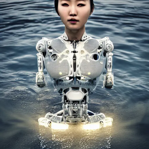 Prompt: beautiful centered Fine art photo portrait of HoYeon Jung as a solarpunk robotic humanoid treading on water, white mechanical parts with led lights, photorealistic, white background, highly detailed and intricate, sunset lighting, HDR 8k