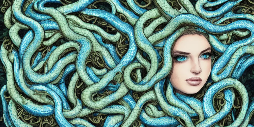 Image similar to queen of snakes, crown of vines, pale blue skin, emerald eyes, sapphire scales