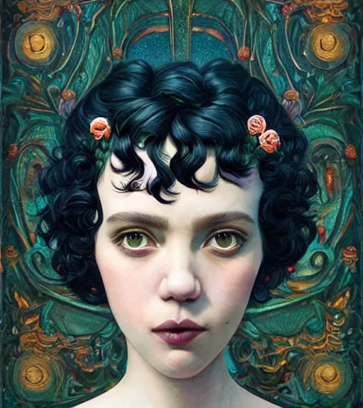 Image similar to beautiful girl, short black curly hair, round face : : by martine johanna and simon stalenhag and chie yoshii and casey weldon and guillermo del toro : : lake : : ornate, dynamic, particulate, rich colors, intricate, elegant, highly detailed, centered, artstation, smooth, sharp focus, octane render, 3 d