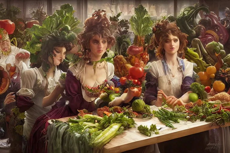 Image similar to vegetables parade on a cutting board in the kitchen, digital art, realistic, anthropomorphic, highly detailed, cinematic, matte painting, vivid colors, realistic, epic lighting, by greg rutkowski and artgerm and alphonse mucha