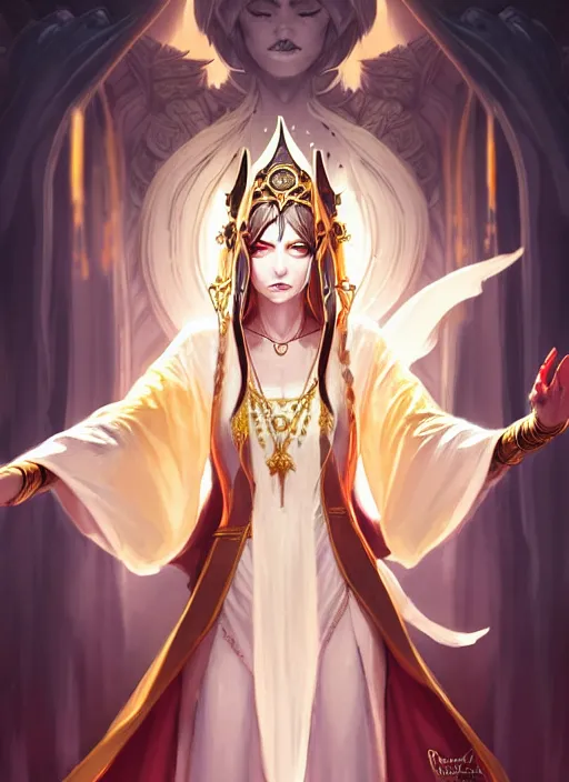 Prompt: picture of a priestess channelling a vengeful spirit onto herself, brunette, white robes, golden accessories, high fantasy, dnd, extremely detailed, smooth, sharp focus, digital illustration, by rossdraws, frank franzzeta, sakimichan