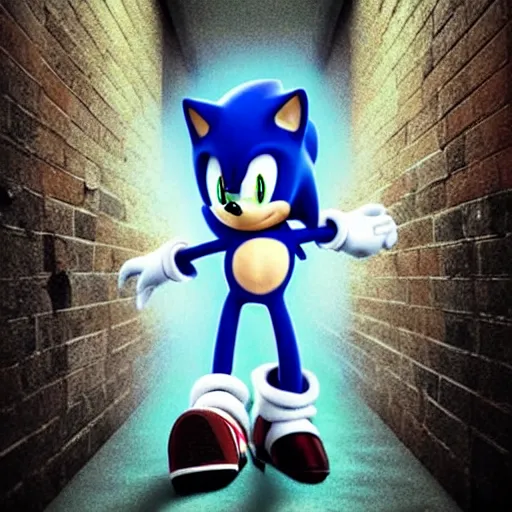 Image similar to sonic the hedgehog, creepy, horror, off - putting, dark, hallway, photo, paranormal