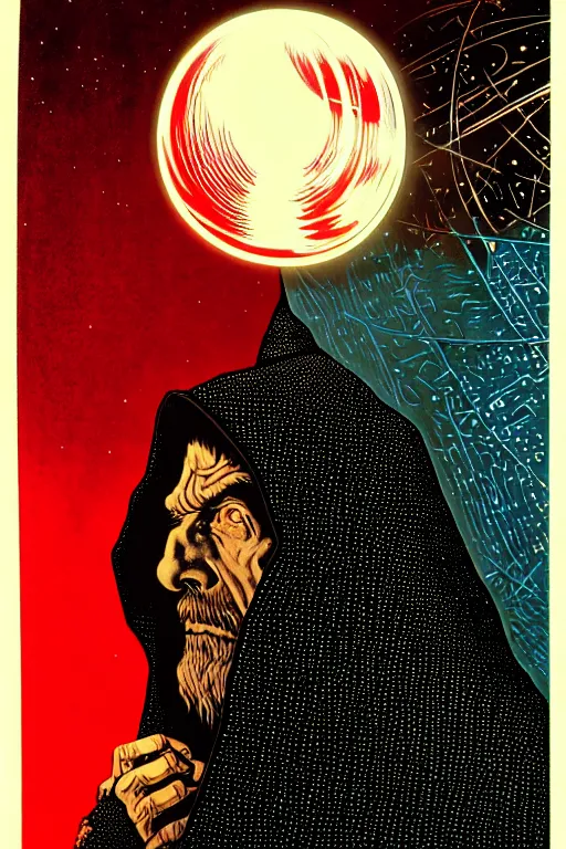 Prompt: wizard in a hooded cloak gazing into a crystal ball, high details, intricately detailed, by vincent di fate, 3 color screen print, masterpiece, trending on artstation, sharp, details, hyper - detailed, hd, 4 k, 8 k