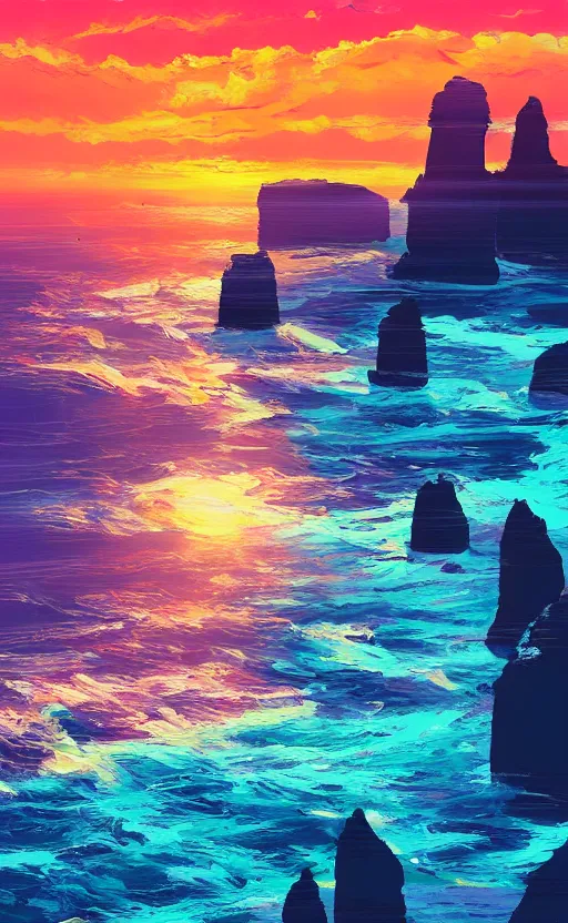 Prompt: a beautiful illustration of twelve apostles at sunset, art of alena aenami, featured on artstation, vertical orientation, paint brush strokes, expressionism, brushstroke - laden, breathtaking clouds, birds, ocean, beautiful stars, long exposure, gigantic sun, airy theme, red purple gradient, lens flare