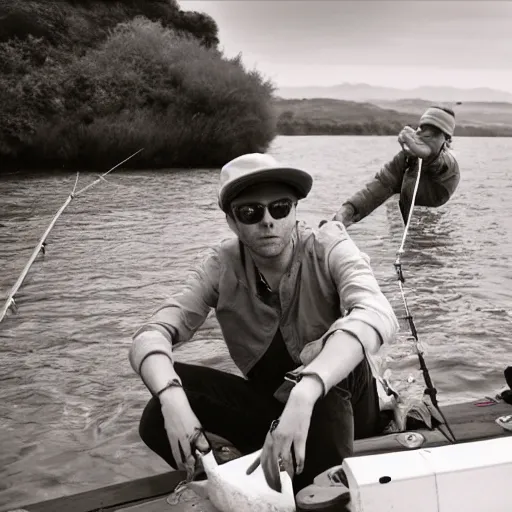 Image similar to damon albarn and thom yorke going fishing, photograph, film photography, soft lighting, 8 k