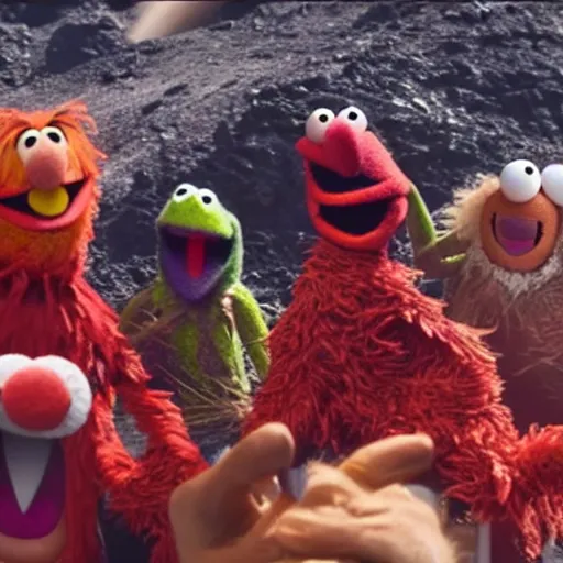 Image similar to a group of muppets are screaming in front of a erupting vulcano, 4 k, detailed