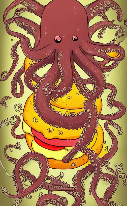 Image similar to highly detailed illustration of octopus attacking a cheeseburger, poster, symmetrical, 8 k, trending on artstation