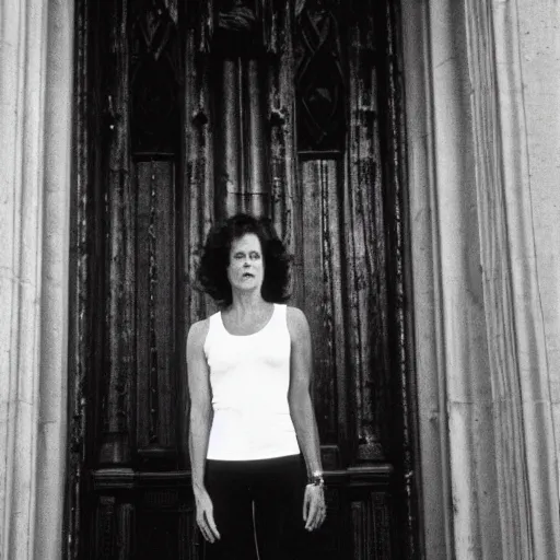 Image similar to detailed professional photographic portrait of Sigourney Weaver wearing a white singlet and her cat moving apartment New York City 1983, gothic building entrance way Art Deco. Giger, cinematic feel, high octane