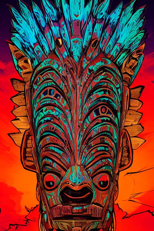 Image similar to totem animal tribal chaman vodoo mask feather gemstone plant wood rock video game illustration vivid color borderlands by josan gonzales and dan mumford radiating a glowing aura