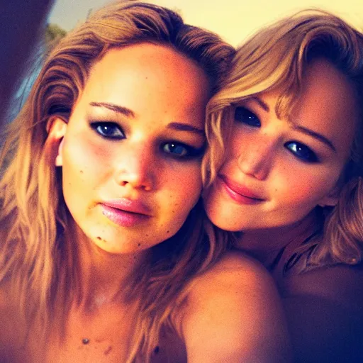 Image similar to Selfie photograph of Jennifer Lawrence and Jennifer Lawrence, golden hour, 8k,