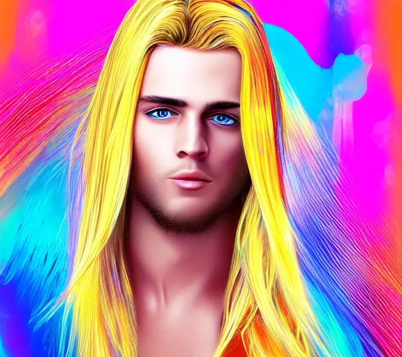 Image similar to extremely beautiful blonde young man with hyperealistic glossy eyes, digital art, colourful background seductive.