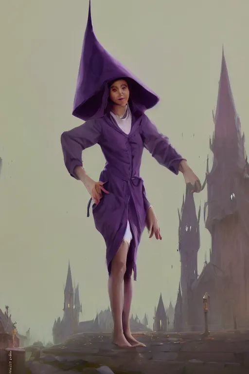 Image similar to Young beautiful short woman in form fitting slim purple witch robes and pointy hat at a crowded magical university, full body shot unreal engine hyperreallistic render 8k character concept art masterpiece digital art by Greg Rutkowski, Simon Stalenhag, trending on Artstation, CGSociety