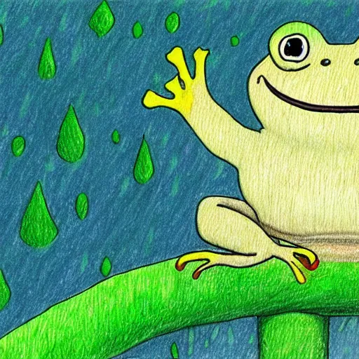 Image similar to a drawing of a happy frog under the rain wearing a rainy coat by hayao miyazaki