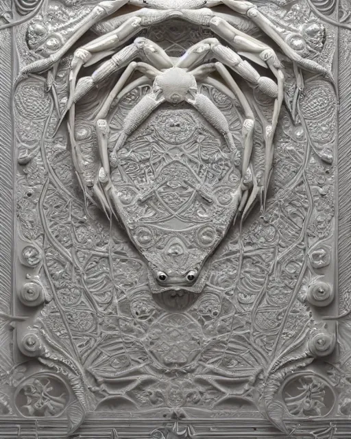 Prompt: symmetry, white white marble, white white marble bas relief sculpture, white white and gold kintsugi, feminine shapes, crabs, spiders, scorpions, tarantulas, stunning, highly detailed, intricately detailed, octane, 8 k, trending on artstation