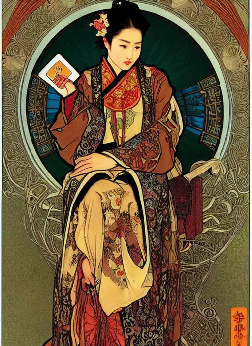 Prompt: Liu yifei sitting on the throne on a tarot card, tarot in art style by Alphonse Mucha