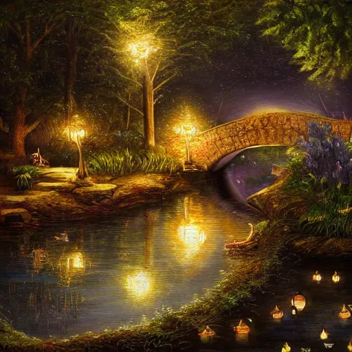 Image similar to realist painting, high detail, woodland village, in the night, fantasy, crescent moon, stone paths, bridge, water stream, luminous, toadstools, fireflies, fantasy,, flowers, waterfall, lanterns, mist, highly detailed painting, fine lines, 8 k realistic, sharp focus