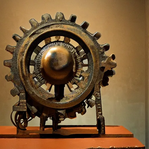 Image similar to a martian artifact in a museum, bronze, old, alien, verdigris, mechanical, gears