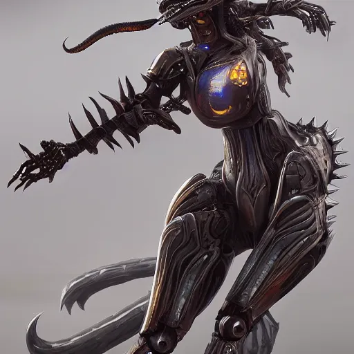 Image similar to a highly detailed beautiful anthropomorphic robot female dragon with smooth and streamlined armor, sharp and intimidating claws, long tail with a blade on the end, doing an elegant pose on the beach, artstation, DeviantArt, professional, octane render