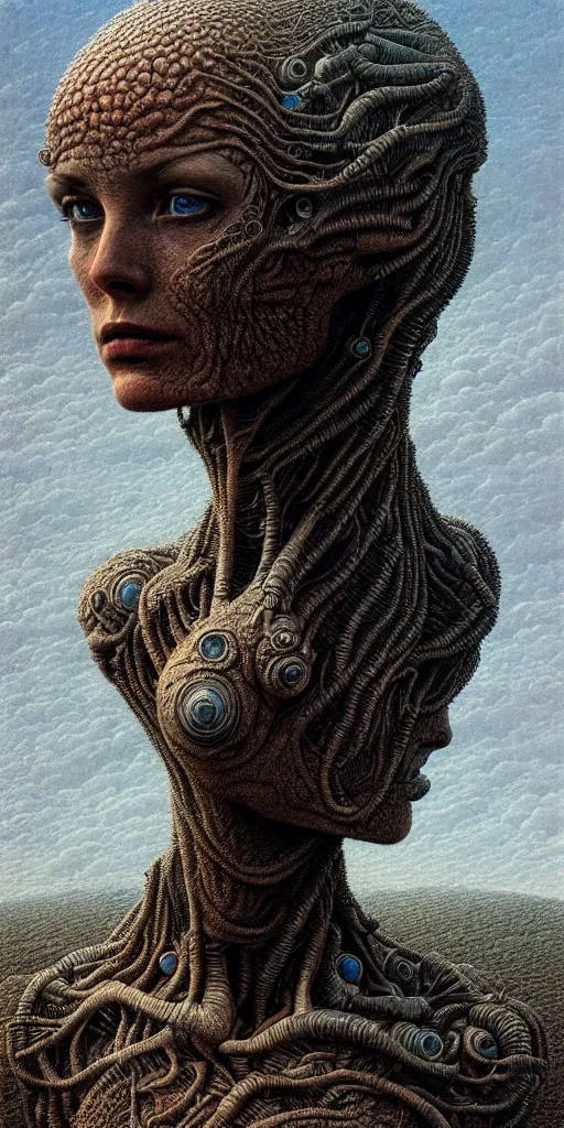 Image similar to ultra realist intricate detailed portrait of a single rugged attractive female on an alien lanscape, insanity, accurate features, apocalyptic, very intricate details, 8 k resolution, dim lighting, artstyle zdzisław beksinski and keith thompson, award winning