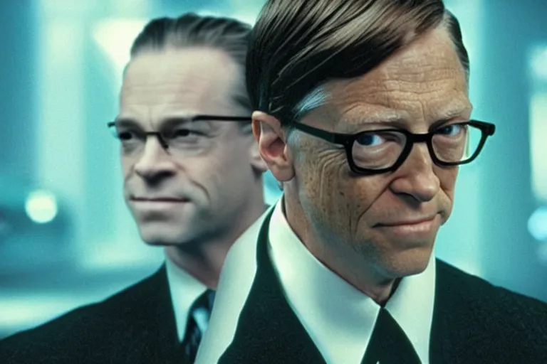 Image similar to a film still of bill gates as agent smith from the movie the matrix ( 1 9 9 9 )