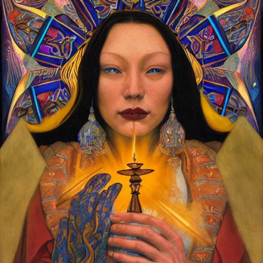 Prompt: queen of the dawn with her lantern and regalia, by donato giancola and nicholas roerich, and diego rivera, symbolist, tattoos, dramatic lighting, elaborate geometric ornament, art brut, god rays, soft cool colors, smooth, sharp focus, extremely detailed