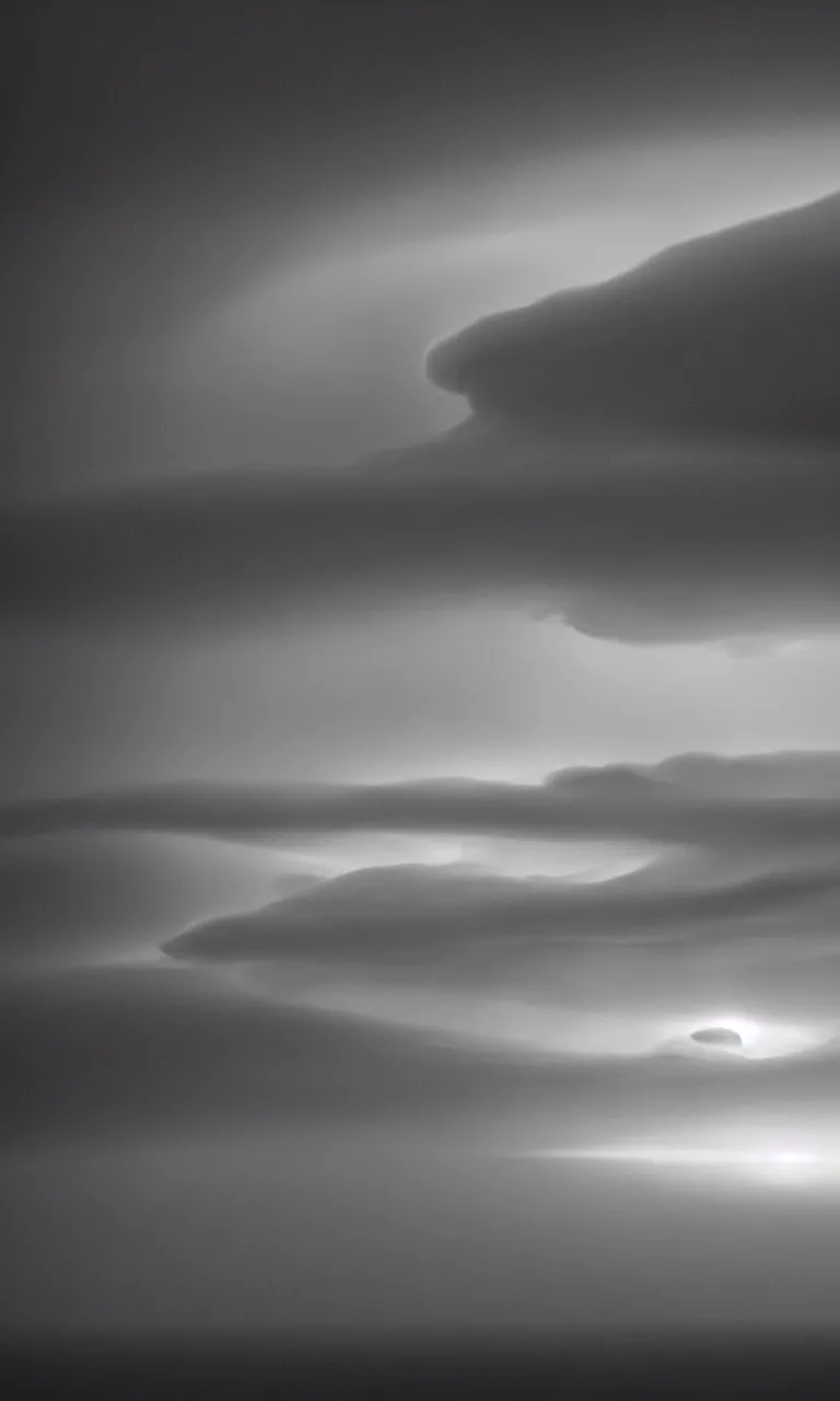 Prompt: 140mm f/2.3 sunrise photograph of atmospheric weather trapped inside a massive refractive colloid beam, roll cloud supercell flowing into a minimalist intake hole, sharpened diffraction spikes honed to a prismatic sheen, lenticular front starkly illuminated by volcanic lightning shining from inside the mist