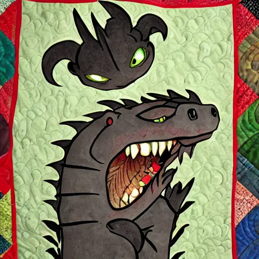 Prompt: adorable dragon in the style of how to train your dragon sitting on a pile of quilts