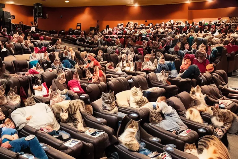 Prompt: full view of a movie theater full of cats sitting watching a movie