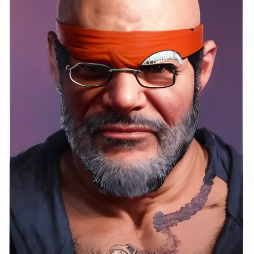 Prompt: david cross as sagat street fighter, wearing one eye patch, 4 k, ultra realistic, detailed focused art by artgerm and greg rutkowski and alphonse mucha