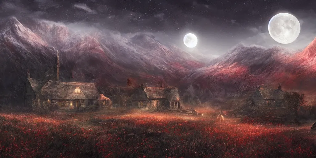 Prompt: Blood soaked fields with large mountains in the distance, small cottage in the foreground, nighttime, moon in the night sky, landscape wallpaper, d&d art, fantasy, painted, 4k, high detail, sharp focus