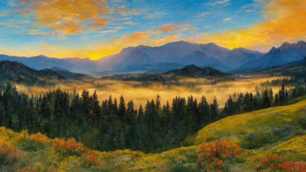 Image similar to The most beautiful panoramic landscape, oil painting, where the mountains are towering over the valley below their peaks shrouded in mist. The sun is just peeking over the horizon producing an awesome flare and the sky is ablaze with warm colors and stratus clouds. The river is winding its way through the valley and the trees are starting to turn yellow and red, by Greg Rutkowski, aerial view