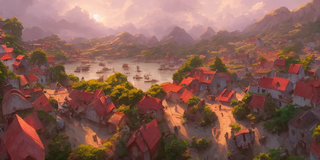 Image similar to Cozy small village on a cape, red roofs, fishing boats, view from above. In style of Greg Rutkowski, Jesper Ejsing, Makoto Shinkai, trending on ArtStation, fantasy, great composition, concept art, highly detailed, scenery, 8K, Behance.