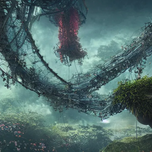 Prompt: intricate human biorobotic organs intertwined with biorobotic flowers, intricate environment, matte painting, cinematic, epic composition, highly detailed, atmospheric, wide angle, artstation trending