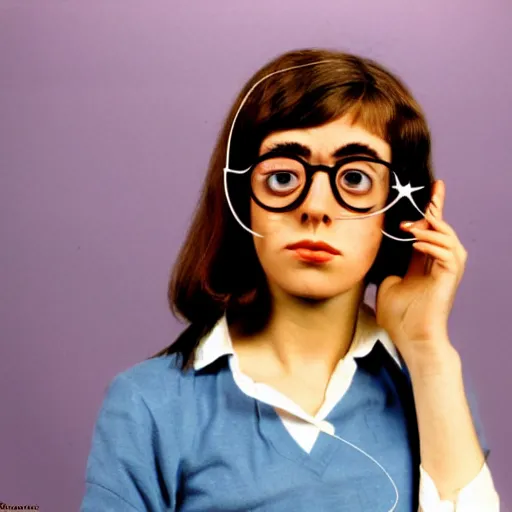 Prompt: female nerd with big eye-glasses, realistic photo from 1970