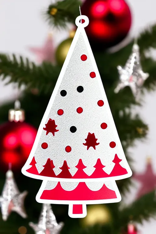 Image similar to flat sticker scandi christmas tree with kitsch glitzy baubles and stars and christmas robin bird decorations, silver pink white red mood, smooth sharp focus