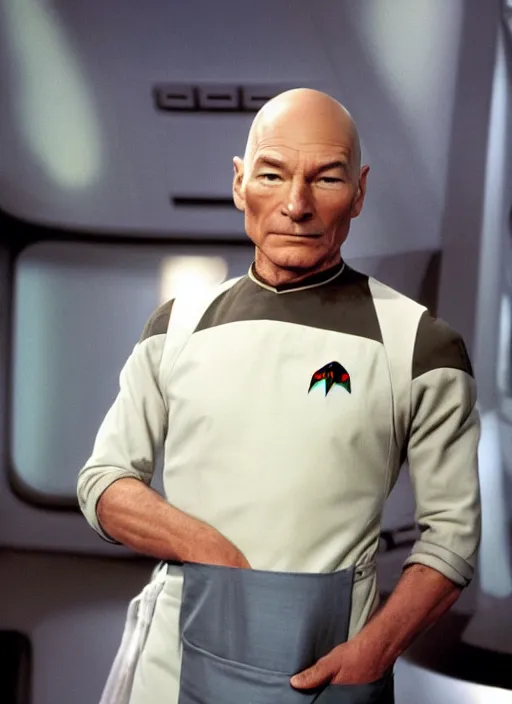 Prompt: patrick stewart on the set of star trek wearing an apron, photorealistic