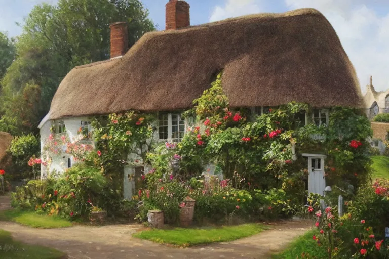 Image similar to A quaint cottage in an English village, merry england, oil on canvas, 4k, detailed