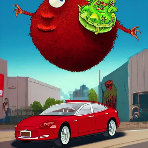 Image similar to Live action Aqua teen hunger force movie, meatwad is driving a tesla, Greg Rutkowski, Darek Zabrocki, Karlkka, Jayison Devadas, Phuoc Quan, trending on Artstation, 8K, ultra wide angle, pincushion lens effect,