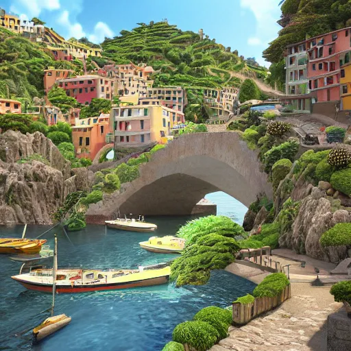 Prompt: pixar 3D render, by studio ghibli, (french bande dessinée), solarpunk, 1244, fantasy setting, mediterranean landscape, quaint old village, cinq terre, highly detailed, luminous, white rock, beautiful, style by moebius, concept art, unreal engine