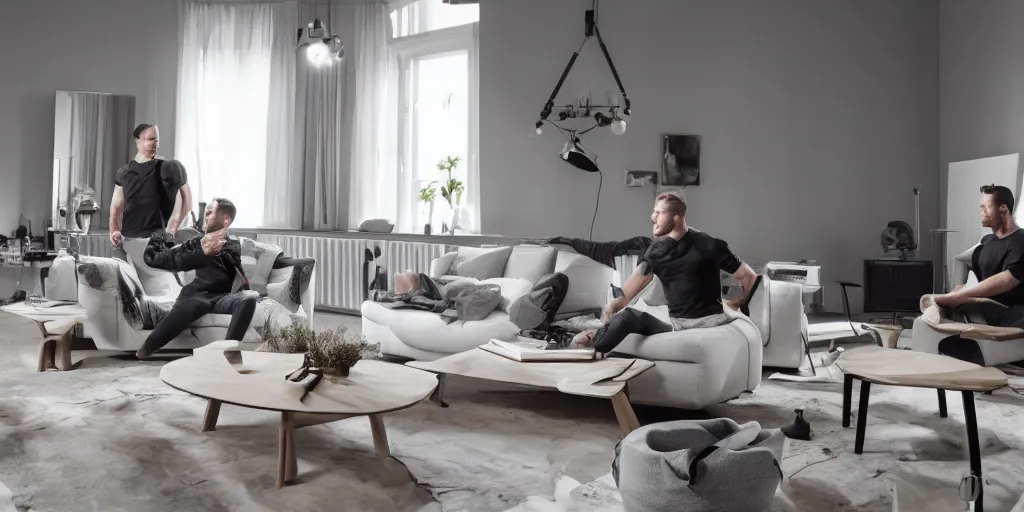 Prompt: a nordic interior design at the camera 8 k, muscular men admiring the furniture