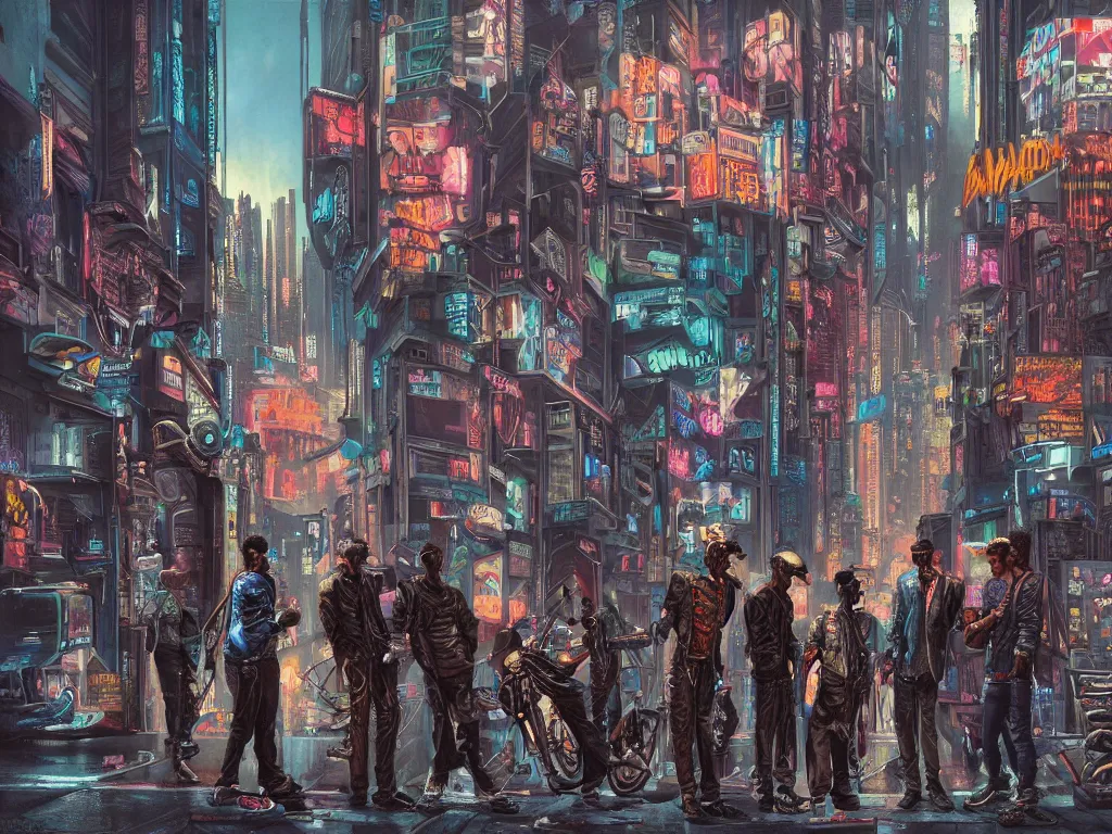 Prompt: a hyperrealistic matte painting of a cyberpunk gang on the streets of a lofty city, gritty, cyberpunk ads, piping, cables, art deco architecture, graffiti, fine detail, intricate, polished, blue color scheme, cinematic lighting, digital art, realism, by john smith, noriyoshi ohrai