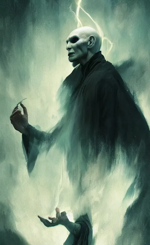 Prompt: a beautiful painting of voldemort performing an occult ritual, by greg rutkowski featured on artstation, dark spell, magic vfx, particles, depth of field, bokeh, black smoke, sparks