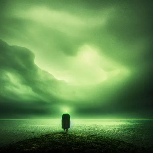 Prompt: in the style of Mikko Lagerstedt, Chtulhu green eyes, Lovecraftian, ocean, night, storm, lighting
