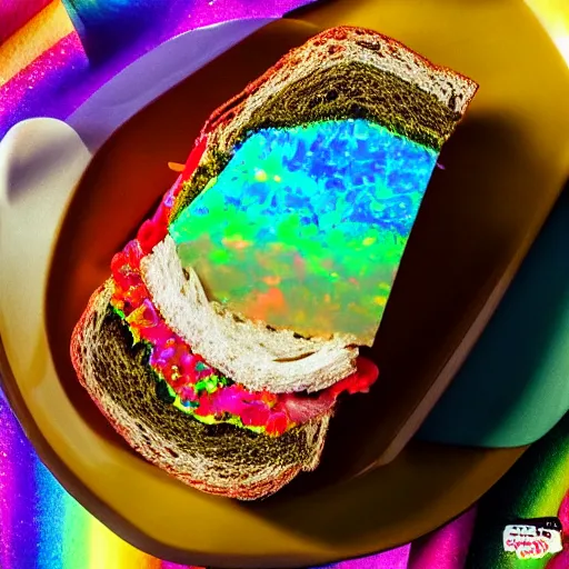 Prompt: an extremely high quality photo of a surreal rainbow-opal-topaz-sandwich, the polymer clay ((sandwich)) creation, a hybrid mixture of sandwichopalrainbow and opalrainbowtopaz, promotional photo, 4k polymer clay food photography