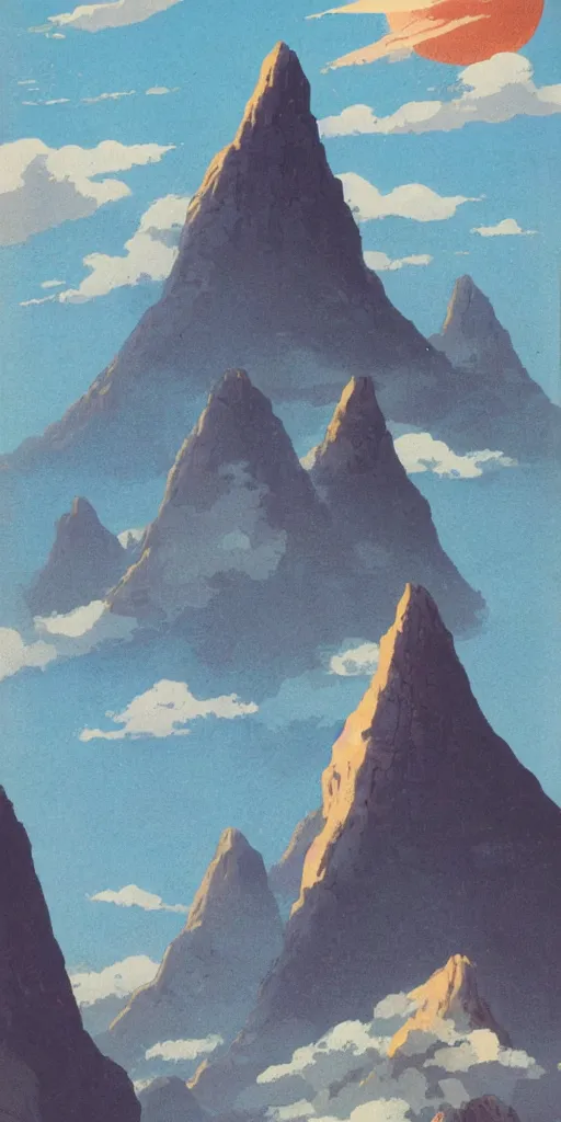 Image similar to an impossibly tall mountain that reaches the clouds, by vincent di fate nausicaa and ghibli