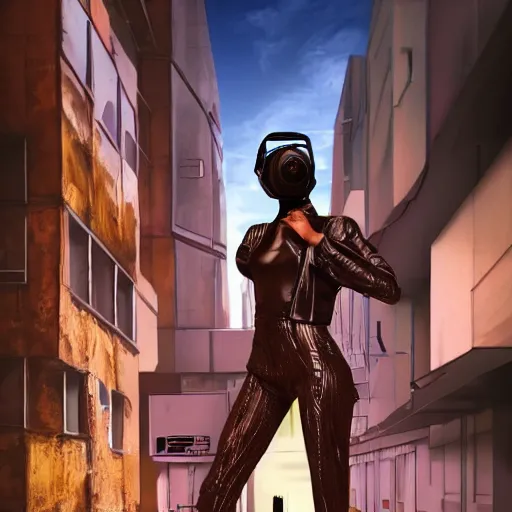 Prompt: a fashion model in helmet, creative, brown skin, digital art, photo manipulation, artstation, standing, cyberpunk, giant, street, duck shoes, up there, photoshop, futuristic