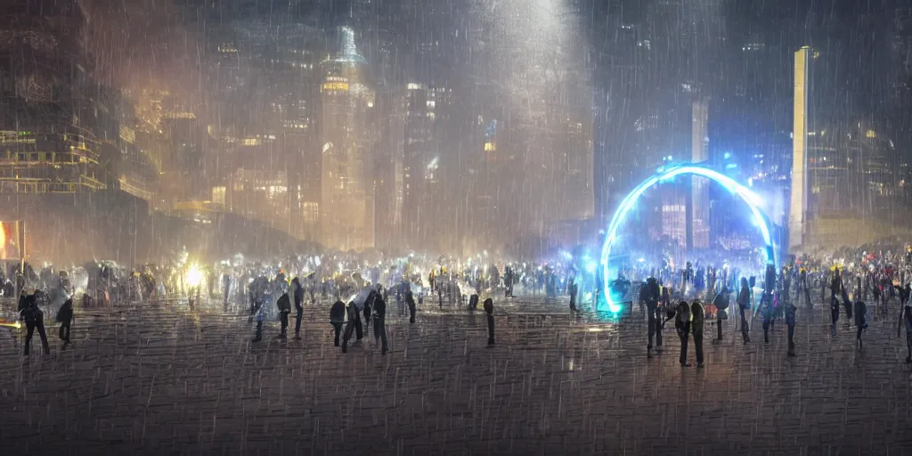 Prompt: policemen protecting a huge spiral - shaped bright luminous attractor right in the center of the city from protesting people,, rain and light fog, professional lighting, concept art in 3 d, high detail, professional lighting