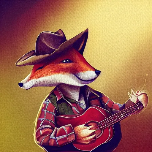 Image similar to a fox animal, wearing cowboy hat, wearing plaid shirt, playing guitar, in barn, album cover style, artstation